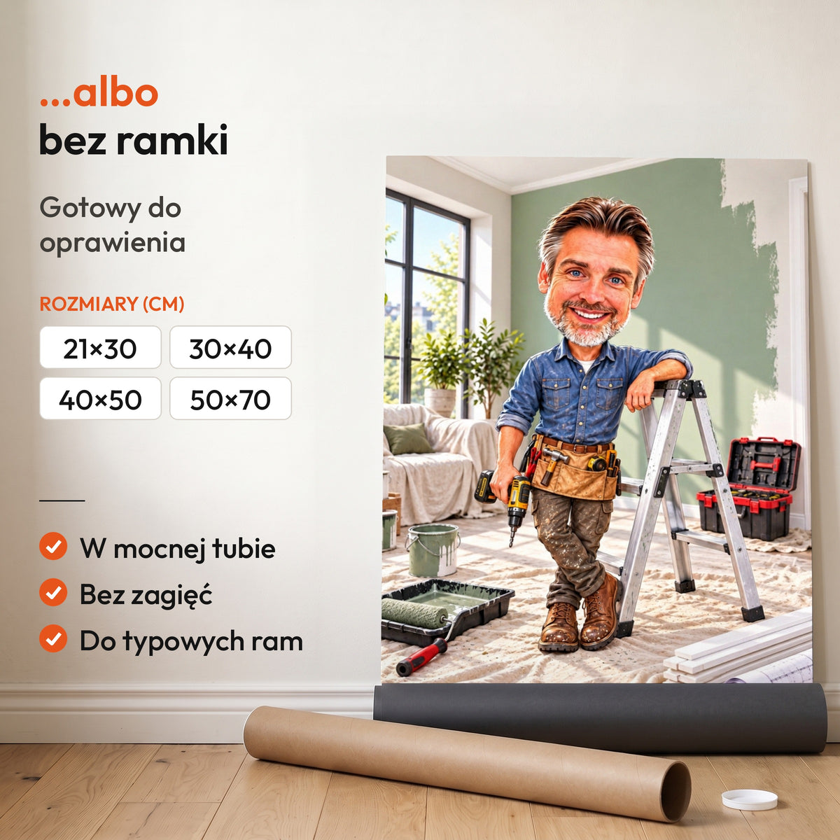 Mistrz Remontu — plakat bez ramki, gotowy do oprawienia: rozwinięty z rolki, obok tuba do wysyłki. C-PL-KAR-18-2130-NF