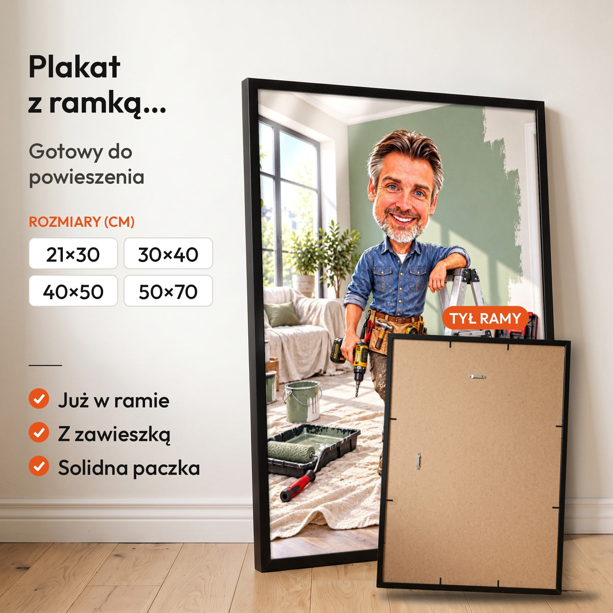 Mistrz Remontu — plakat z ramką, gotowy do powieszenia: czarna rama od przodu i tył ramy z zawieszką. C-PL-KAR-18-2130-NF