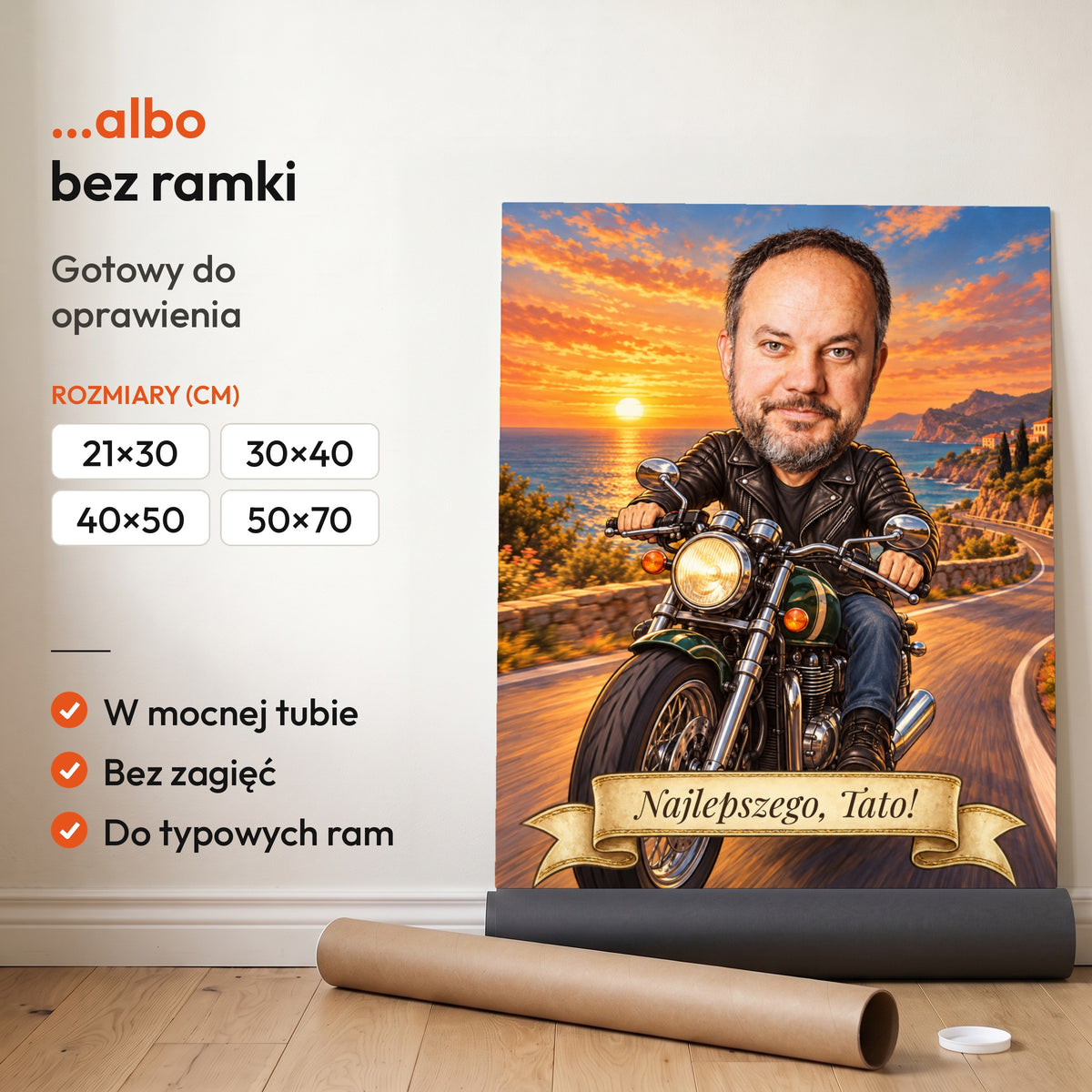 Motocyklista — plakat bez ramki, gotowy do oprawienia: rozwinięty z rolki, obok tuba do wysyłki. C-PL-KAR-06-2130-NF