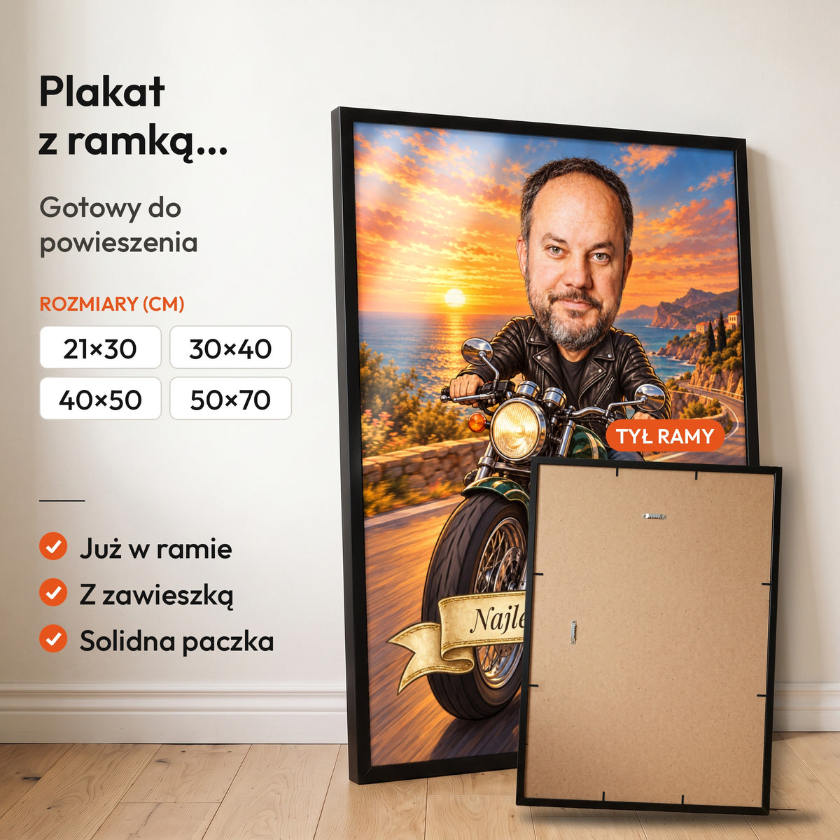 Motocyklista — plakat z ramką, gotowy do powieszenia: czarna rama od przodu i tył ramy z zawieszką. C-PL-KAR-06-2130-NF