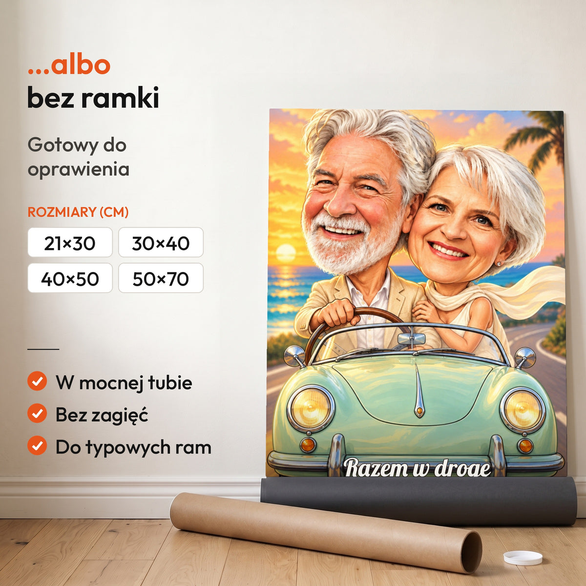 Razem W Drogę — plakat bez ramki, gotowy do oprawienia: rozwinięty z rolki, obok tuba do wysyłki. C-PL-KAR-DOUB-03-2130-NF