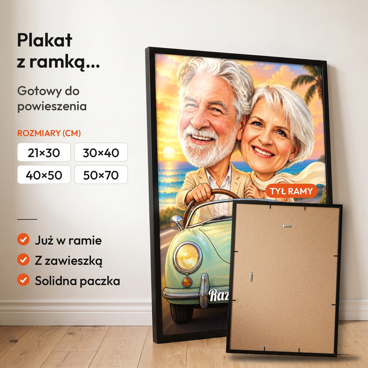Razem W Drogę — plakat z ramką, gotowy do powieszenia: czarna rama od przodu i tył ramy z zawieszką. C-PL-KAR-DOUB-03-2130-NF