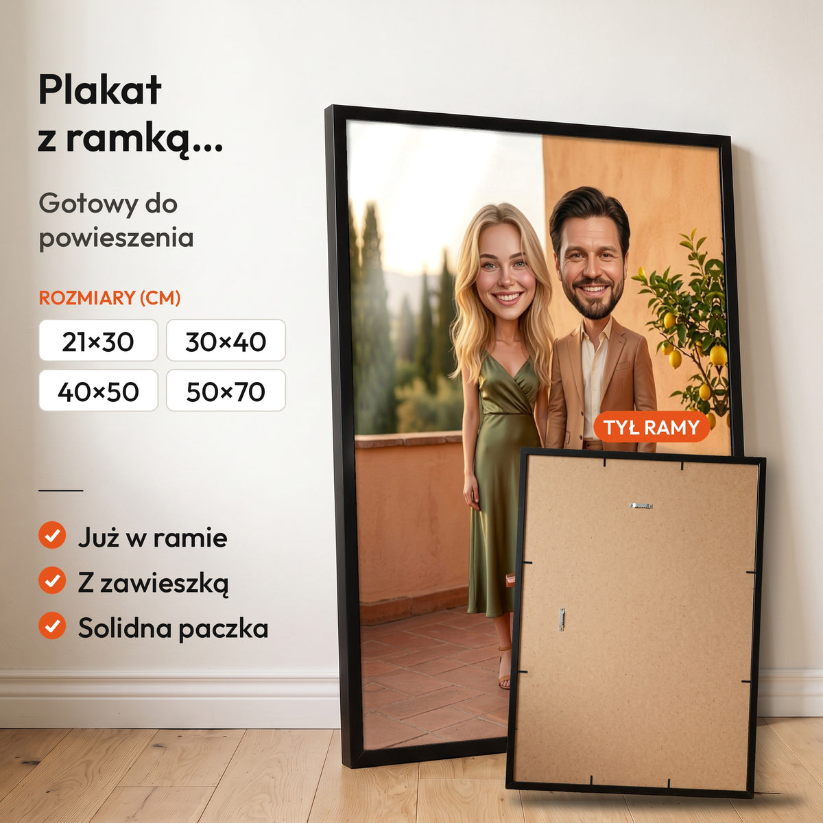Nasze Dolce Vita — plakat z ramką, gotowy do powieszenia: czarna rama od przodu i tył ramy z zawieszką. C-PL-KAR-DOUB-09-2130-NF
