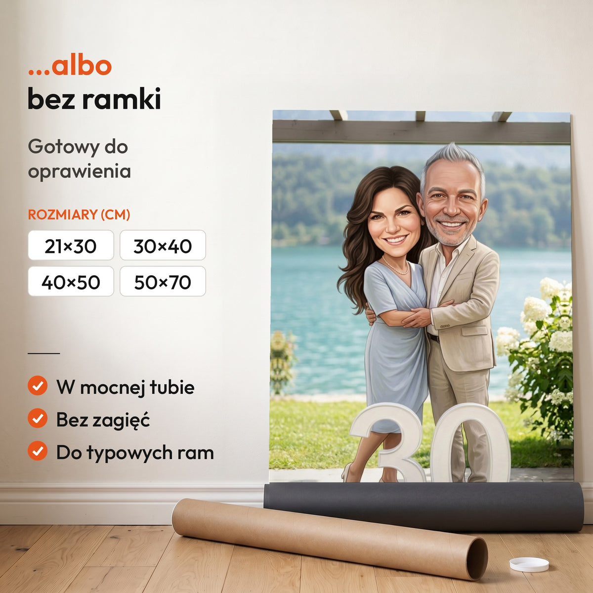 Razem Nad Jeziorem — plakat bez ramki, gotowy do oprawienia: rozwinięty z rolki, obok tuba do wysyłki. C-PL-KAR-DOUB-08-2130-NF