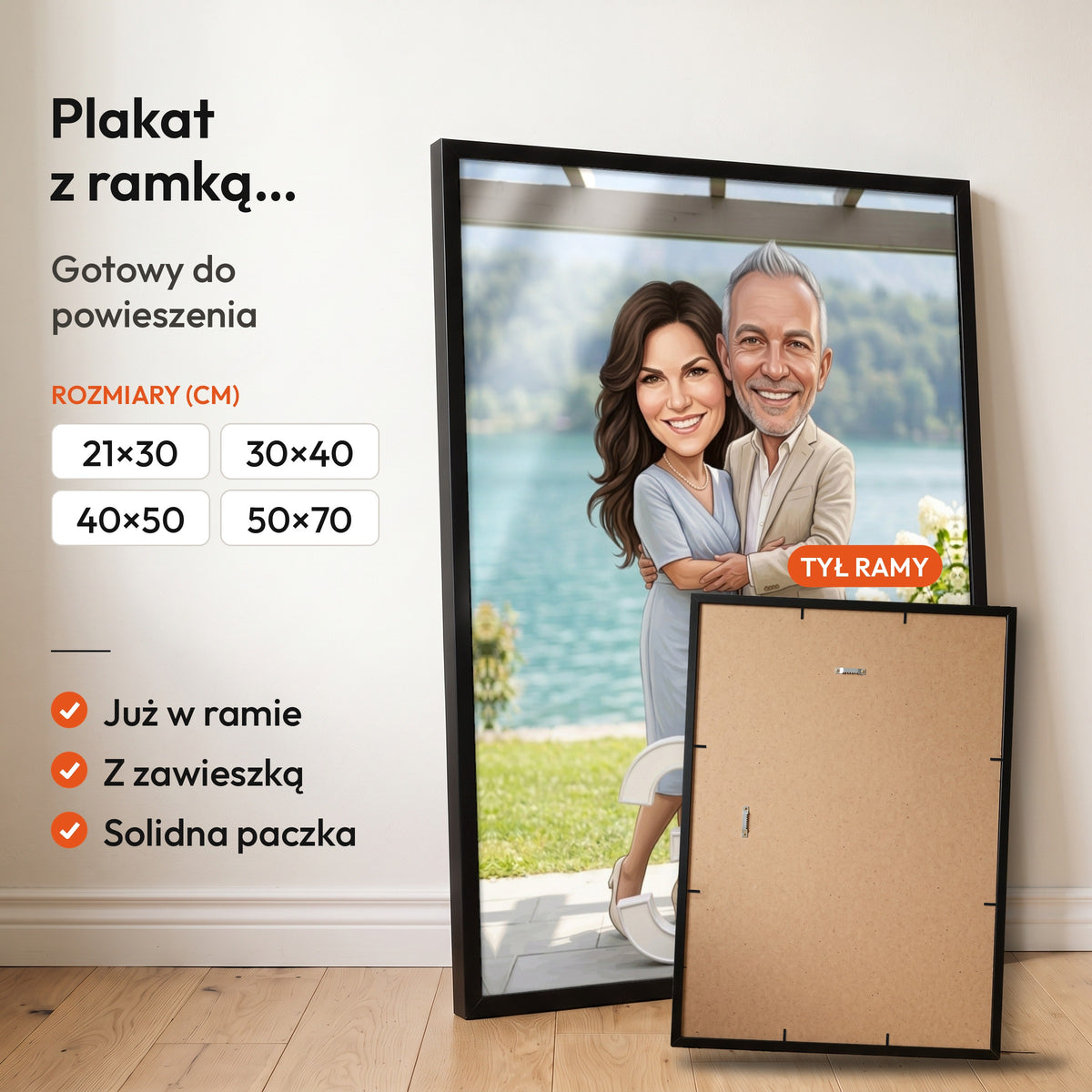 Razem Nad Jeziorem — plakat z ramką, gotowy do powieszenia: czarna rama od przodu i tył ramy z zawieszką. C-PL-KAR-DOUB-08-2130-NF