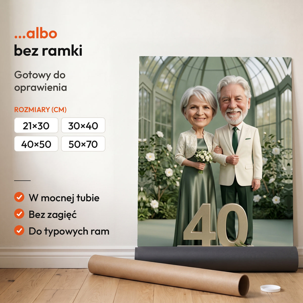 Rocznica w Oranżerii — plakat bez ramki, gotowy do oprawienia: rozwinięty z rolki, obok tuba do wysyłki. C-PL-KAR-DOUB-05-2130-NF