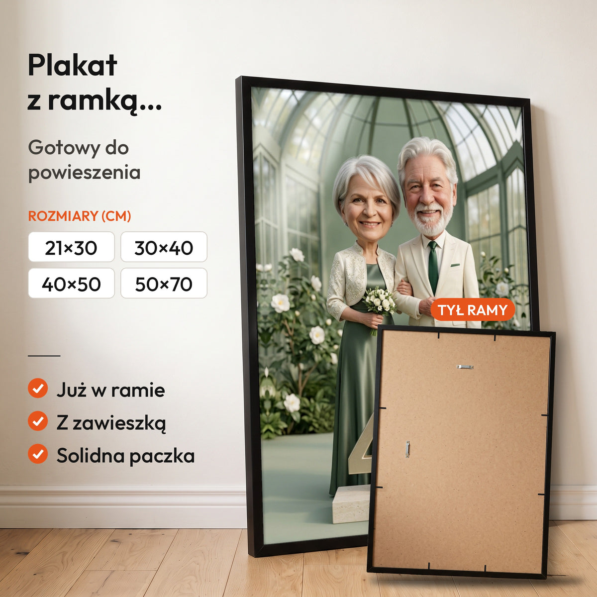 Rocznica w Oranżerii — plakat z ramką, gotowy do powieszenia: czarna rama od przodu i tył ramy z zawieszką. C-PL-KAR-DOUB-05-2130-NF