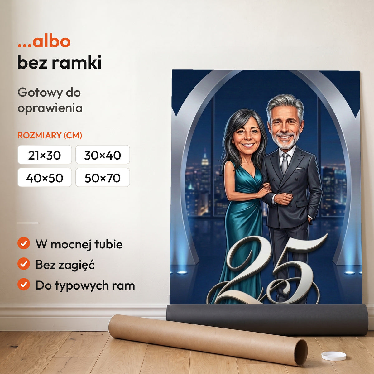 Platynowa Premiera — plakat bez ramki, gotowy do oprawienia: rozwinięty z rolki, obok tuba do wysyłki. C-PL-KAR-DOUB-11-2130-NF