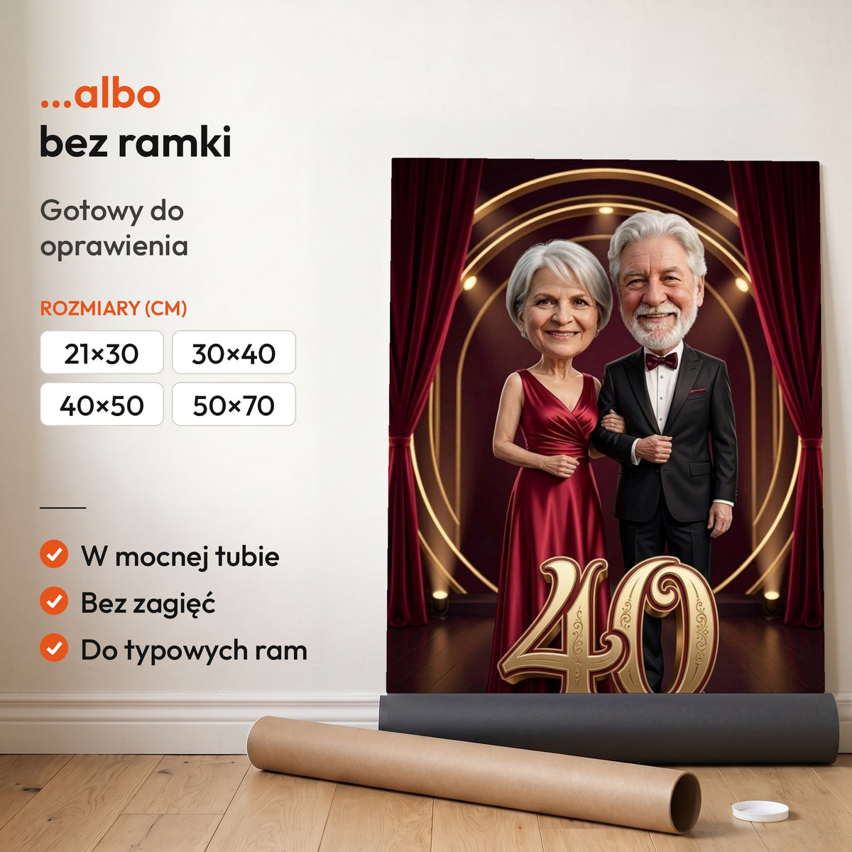 Rubin i Złoto — plakat bez ramki, gotowy do oprawienia: rozwinięty z rolki, obok tuba do wysyłki. C-PL-KAR-DOUB-10-2130-NF