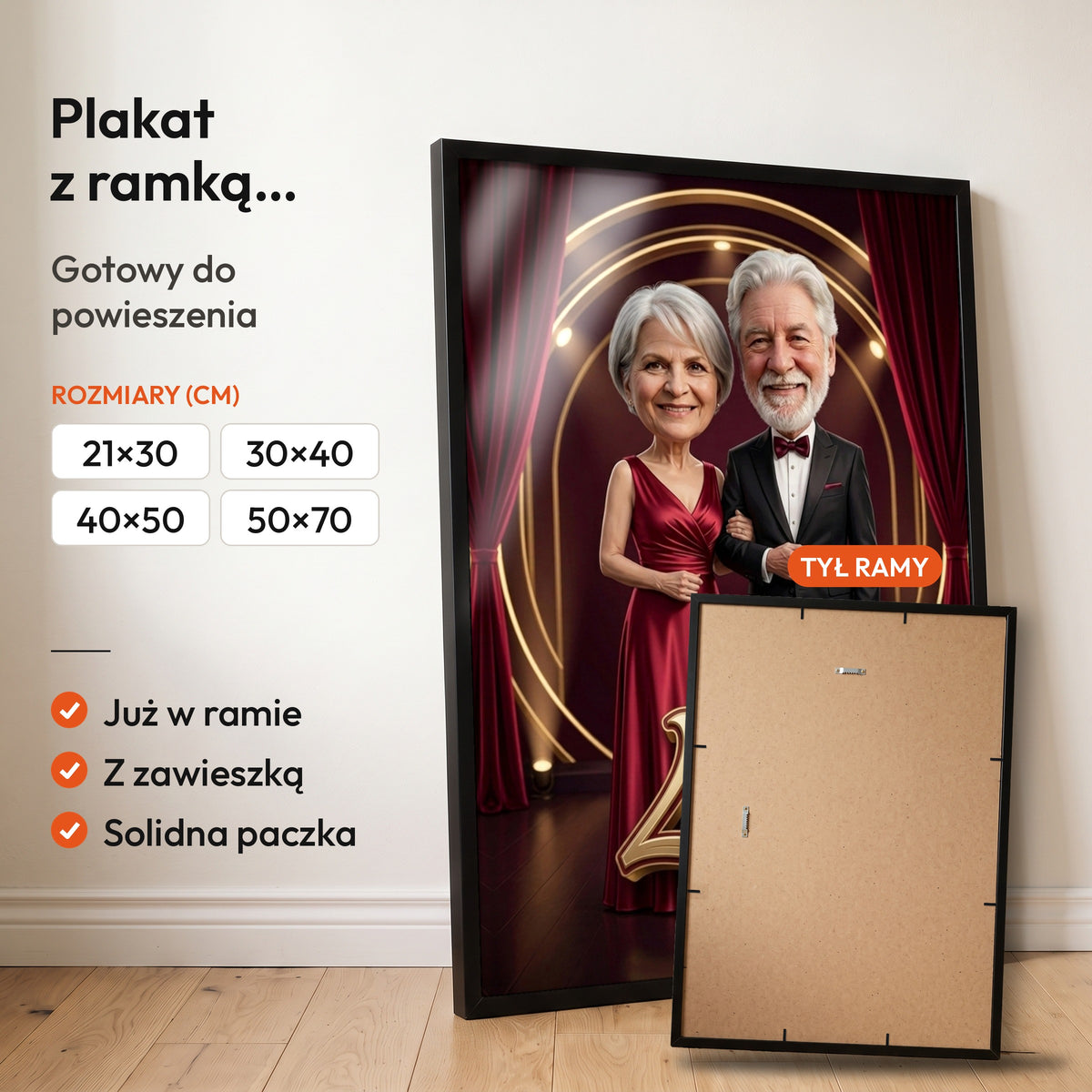 Rubin i Złoto — plakat z ramką, gotowy do powieszenia: czarna rama od przodu i tył ramy z zawieszką. C-PL-KAR-DOUB-10-2130-NF