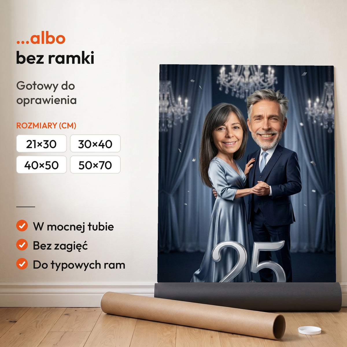 Srebrny Bal — plakat bez ramki, gotowy do oprawienia: rozwinięty z rolki, obok tuba do wysyłki. C-PL-KAR-DOUB-06-2130-NF