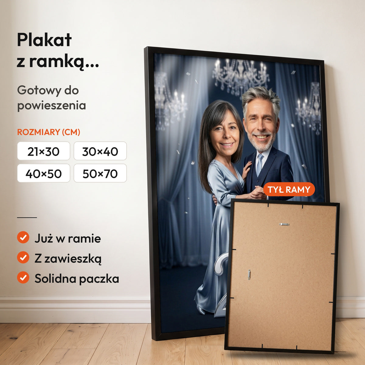 Srebrny Bal — plakat z ramką, gotowy do powieszenia: czarna rama od przodu i tył ramy z zawieszką. C-PL-KAR-DOUB-06-2130-NF