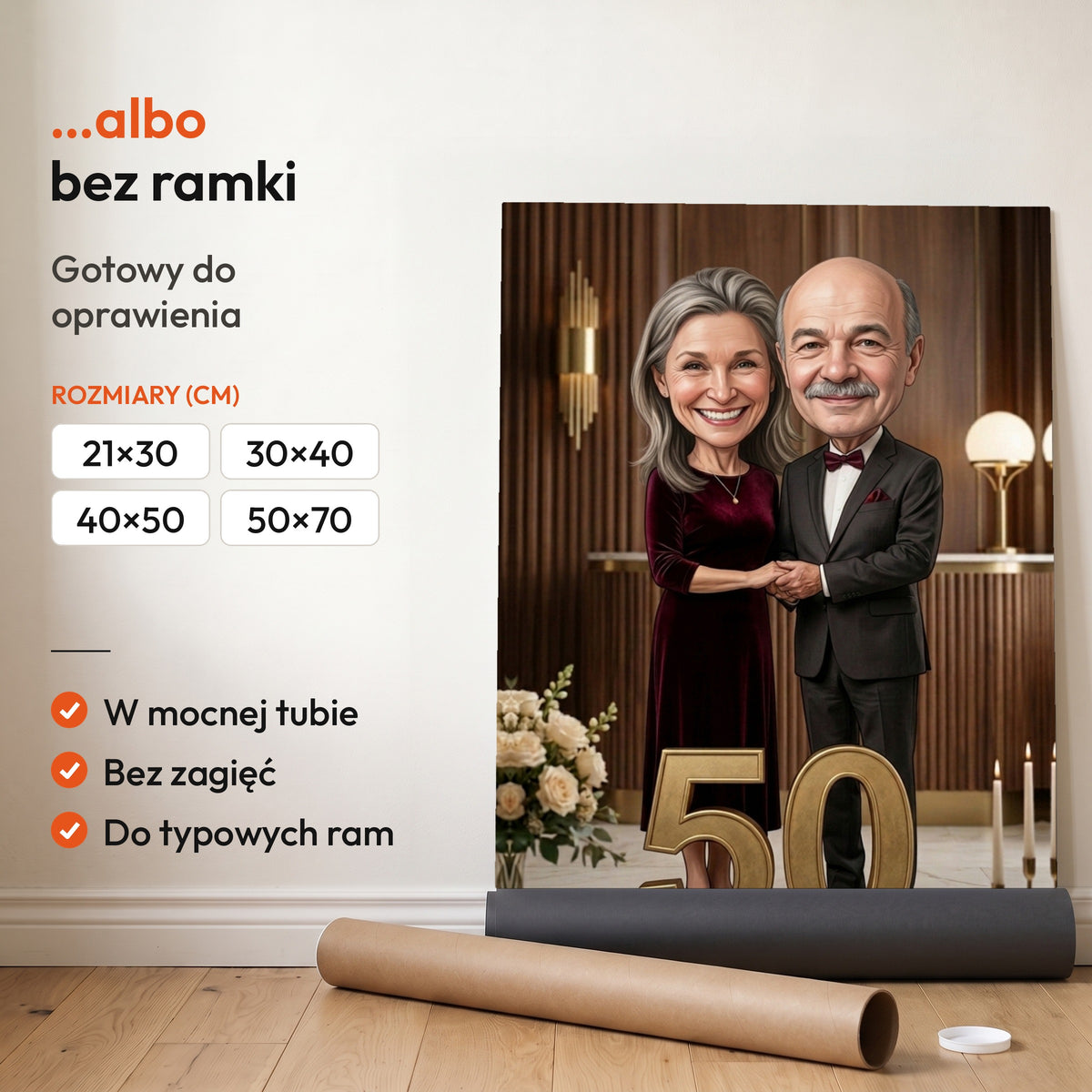 Złoty Jubileusz — plakat bez ramki, gotowy do oprawienia: rozwinięty z rolki, obok tuba do wysyłki. C-PL-KAR-DOUB-07-2130-NF