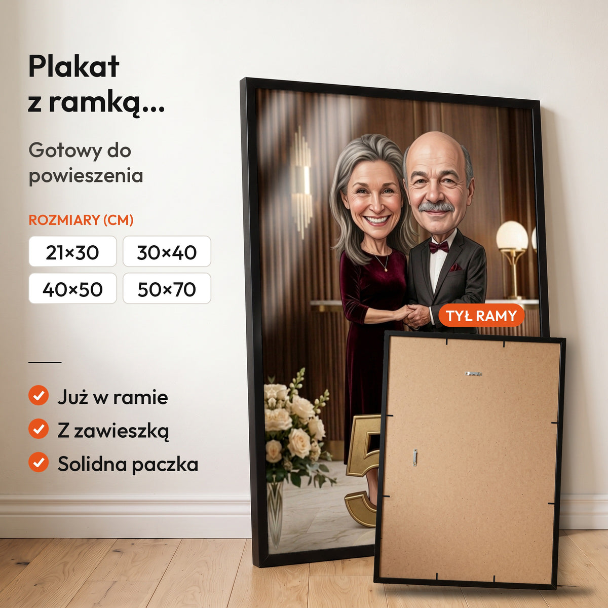 Złoty Jubileusz — plakat z ramką, gotowy do powieszenia: czarna rama od przodu i tył ramy z zawieszką. C-PL-KAR-DOUB-07-2130-NF
