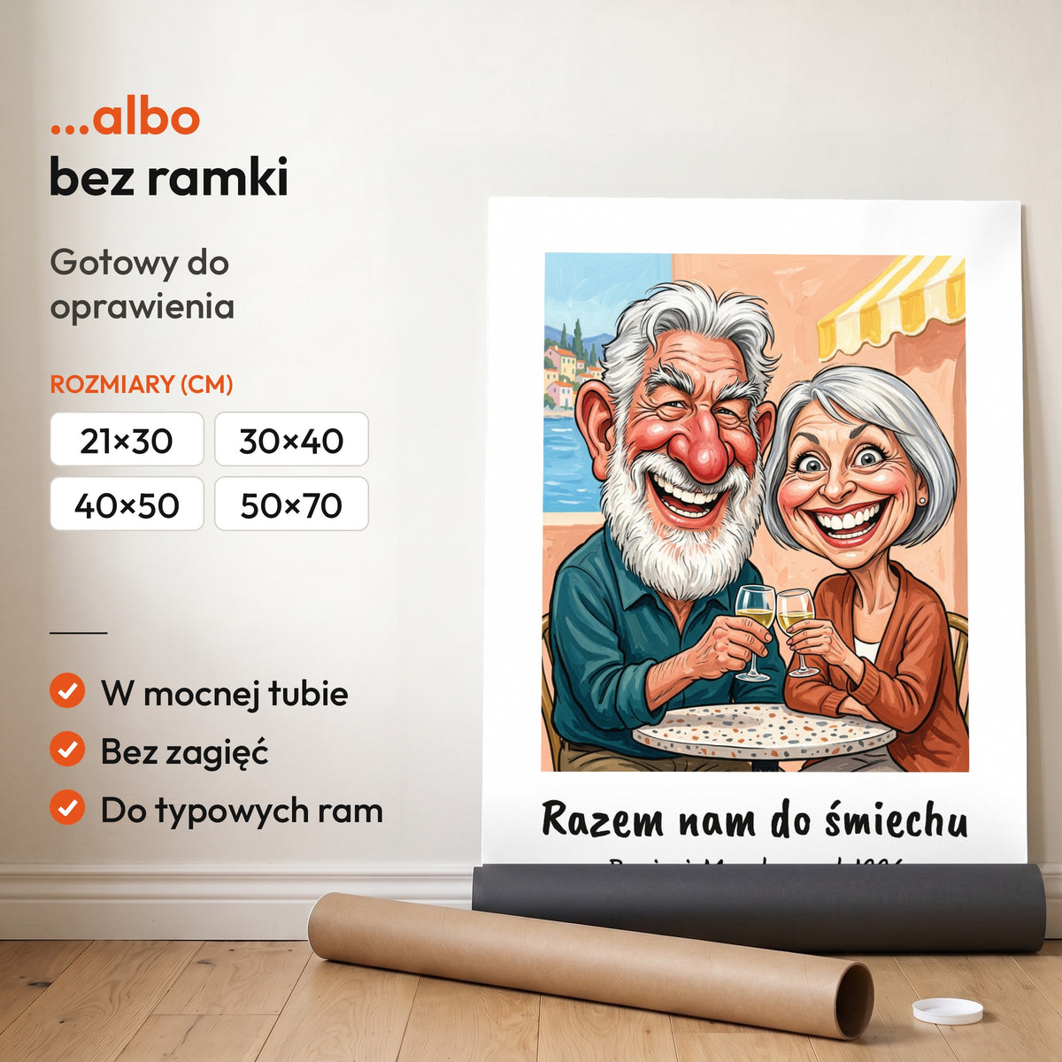 Razem Nam Do Śmiechu — plakat bez ramki, gotowy do oprawienia: rozwinięty z rolki, obok tuba do wysyłki. C-PL-KAR-DOUB-04-2130-NF