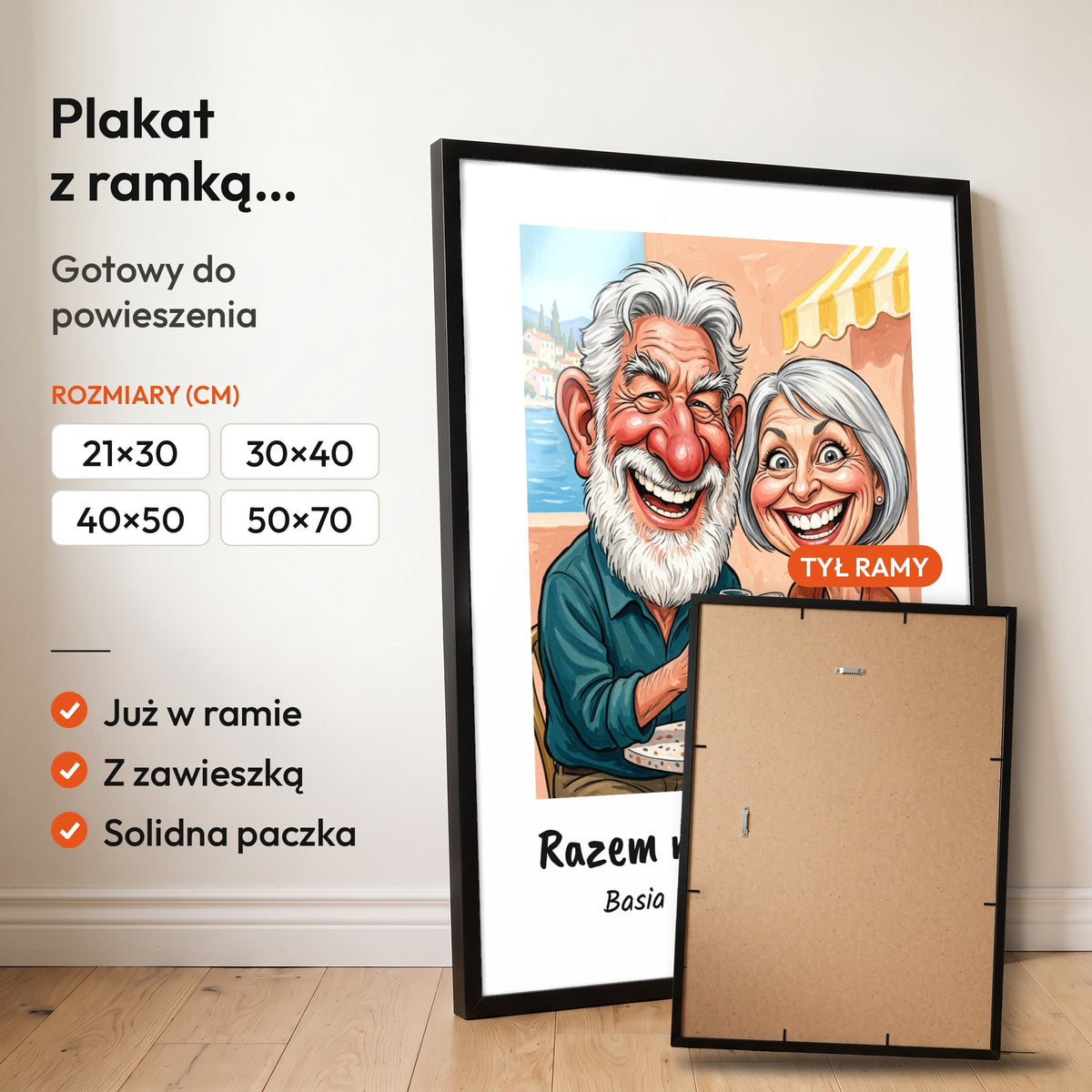 Razem Nam Do Śmiechu — plakat z ramką, gotowy do powieszenia: czarna rama od przodu i tył ramy z zawieszką. C-PL-KAR-DOUB-04-2130-NF
