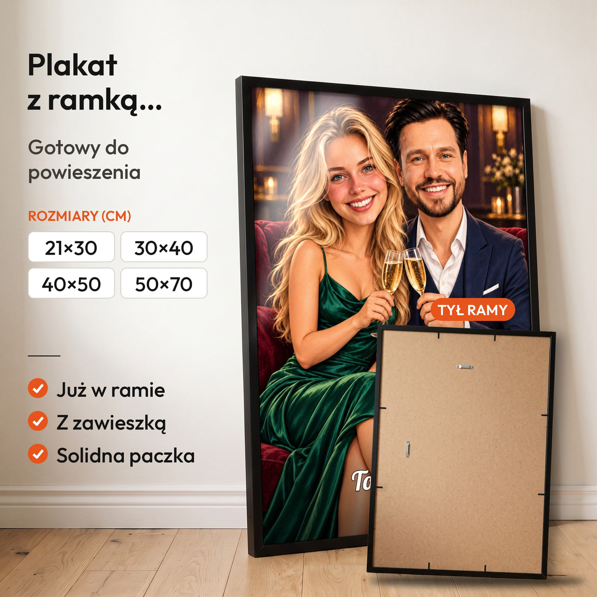 Toast Za Nas — plakat z ramką, gotowy do powieszenia: czarna rama od przodu i tył ramy z zawieszką. C-PL-KAR-DOUB-01-2130-NF