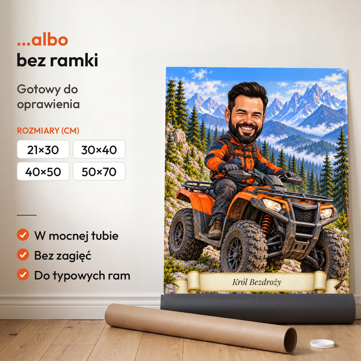 Quad — plakat bez ramki, gotowy do oprawienia: rozwinięty z rolki, obok tuba do wysyłki. C-PL-KAR-23-2130-NF