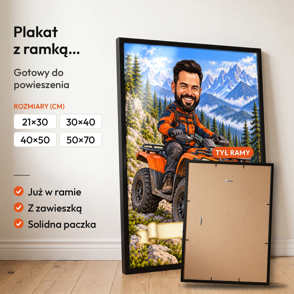 Quad — plakat z ramką, gotowy do powieszenia: czarna rama od przodu i tył ramy z zawieszką. C-PL-KAR-23-2130-NF