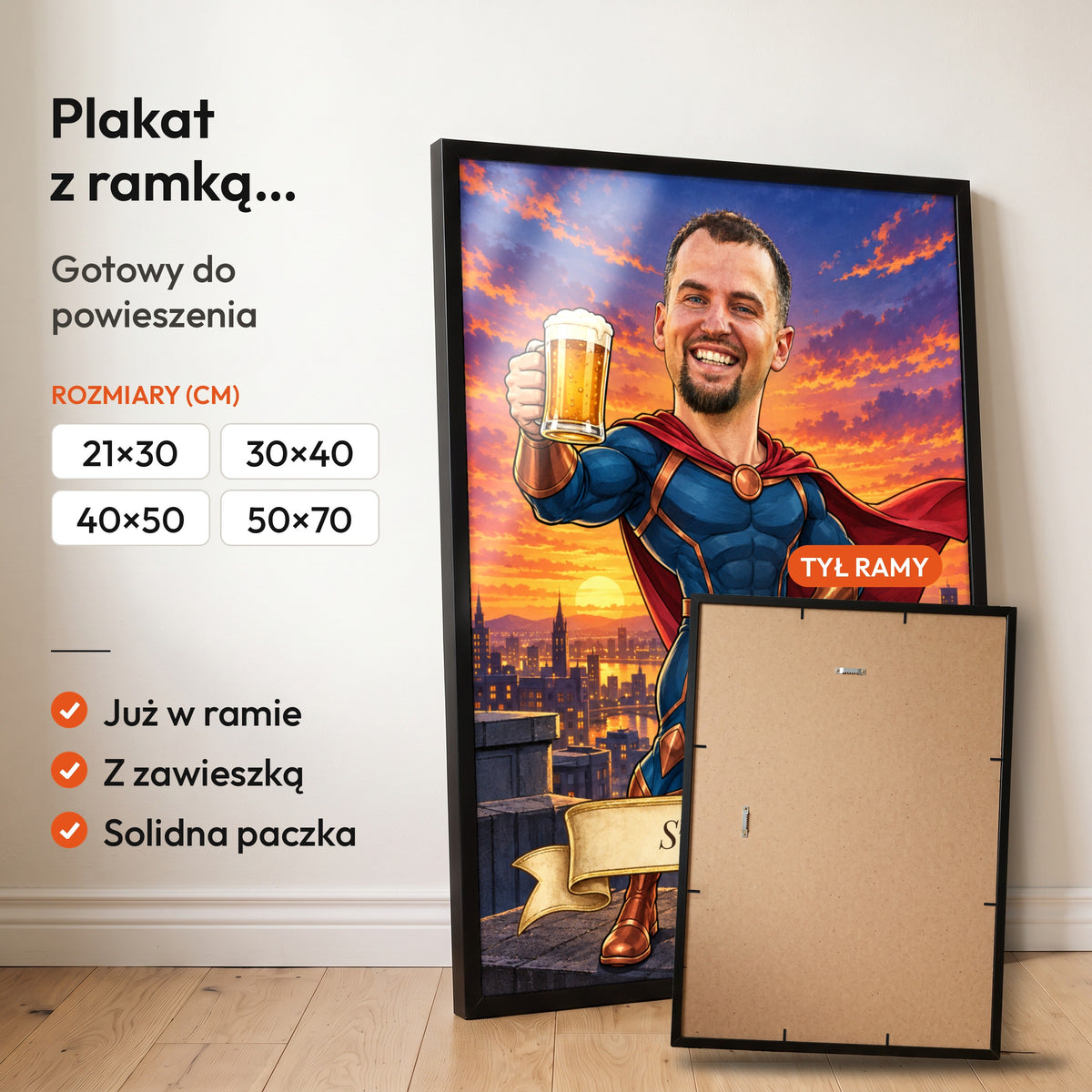 Super Tata — plakat z ramką, gotowy do powieszenia: czarna rama od przodu i tył ramy z zawieszką. C-PL-KAR-08-2130-NF