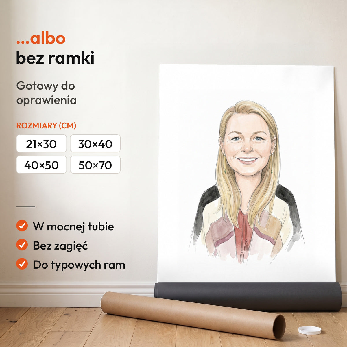 Karykatura Szkic Z Akwarelą — plakat bez ramki, gotowy do oprawienia: rozwinięty z rolki, obok tuba do wysyłki. C-PL-KAR-26-2130-NF
