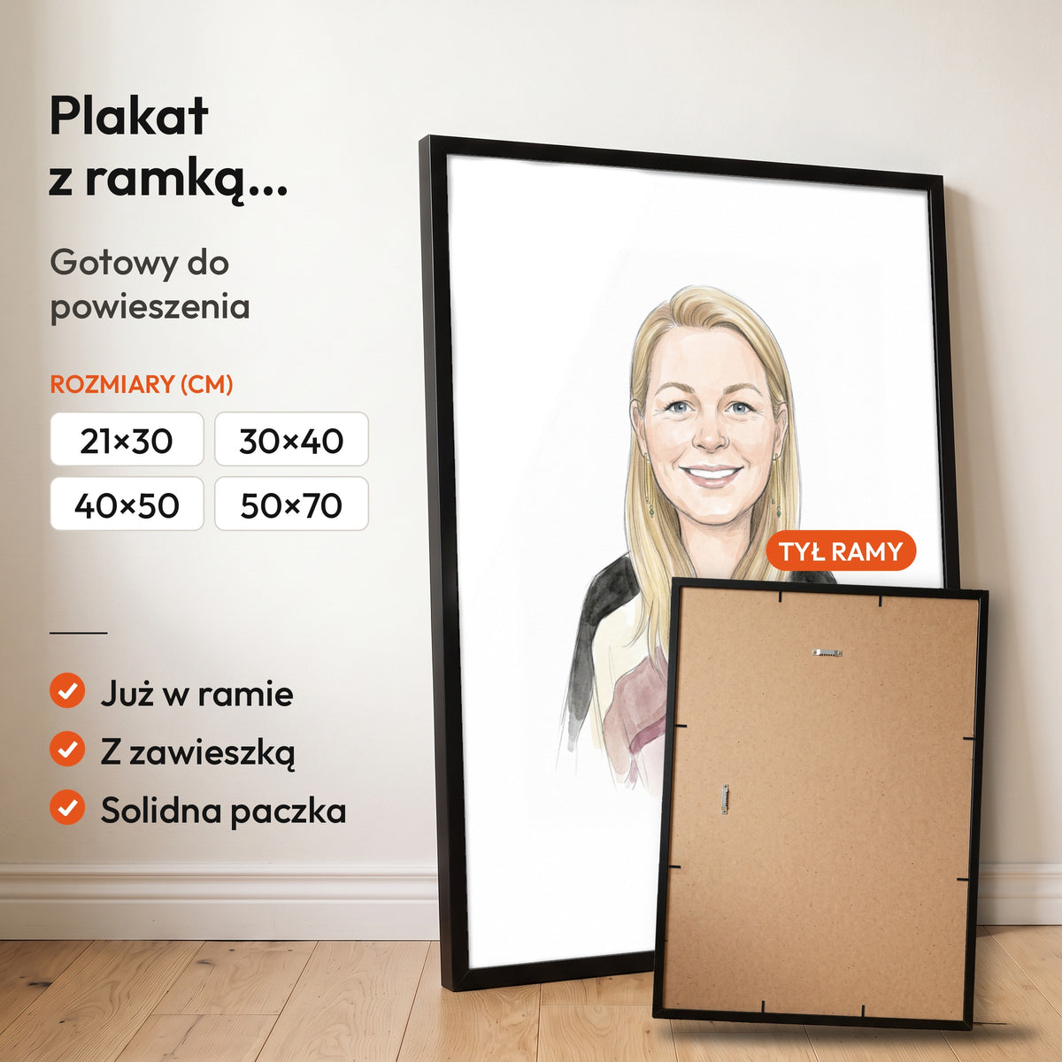 Karykatura Szkic Z Akwarelą — plakat z ramką, gotowy do powieszenia: czarna rama od przodu i tył ramy z zawieszką. C-PL-KAR-26-2130-NF