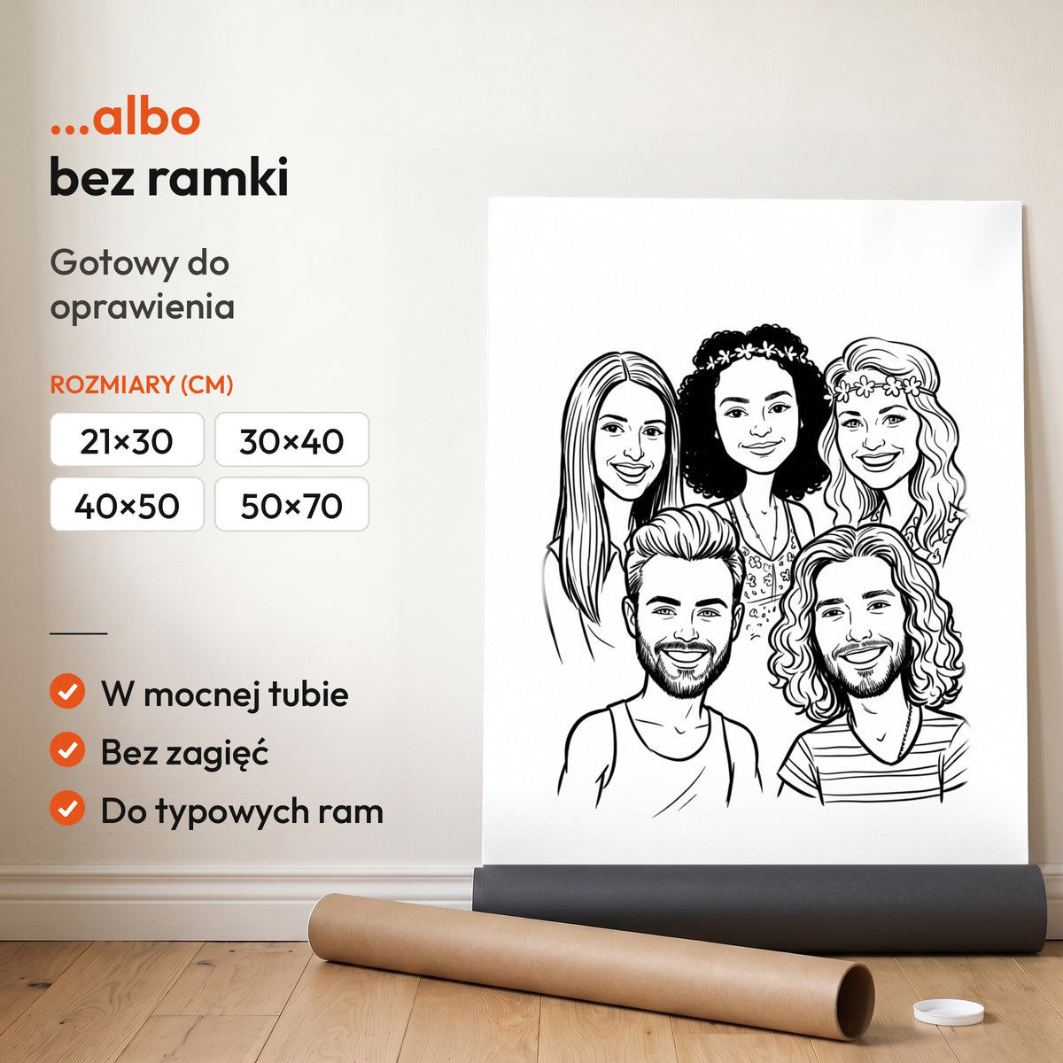 Karykatura Lineart — plakat bez ramki, gotowy do oprawienia: rozwinięty z rolki, obok tuba do wysyłki. C-PL-KAR-25-2130-NF