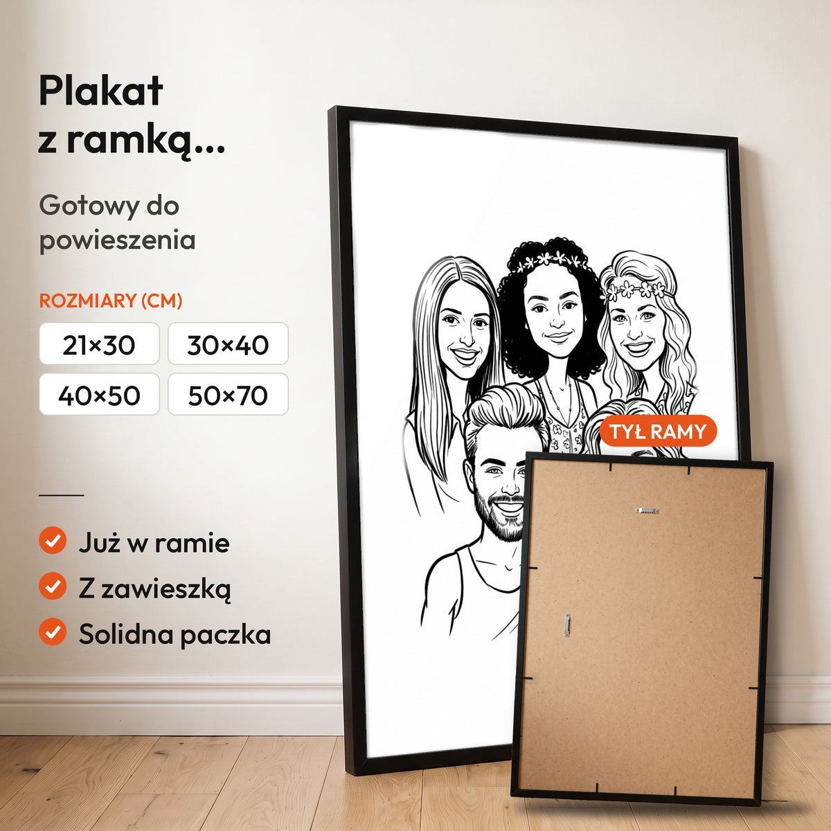 Karykatura Lineart — plakat z ramką, gotowy do powieszenia: czarna rama od przodu i tył ramy z zawieszką. C-PL-KAR-25-2130-NF