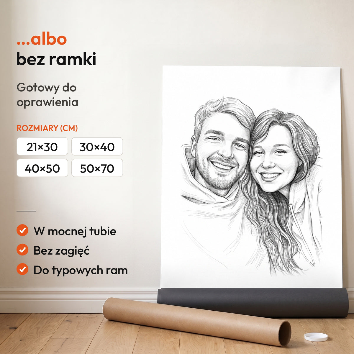 Karykatura Szkic Ołówkiem — plakat bez ramki, gotowy do oprawienia: rozwinięty z rolki, obok tuba do wysyłki. C-PL-KAR-24-2130-NF