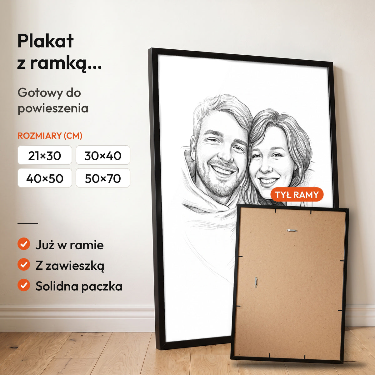 Karykatura Szkic Ołówkiem — plakat z ramką, gotowy do powieszenia: czarna rama od przodu i tył ramy z zawieszką. C-PL-KAR-24-2130-NF