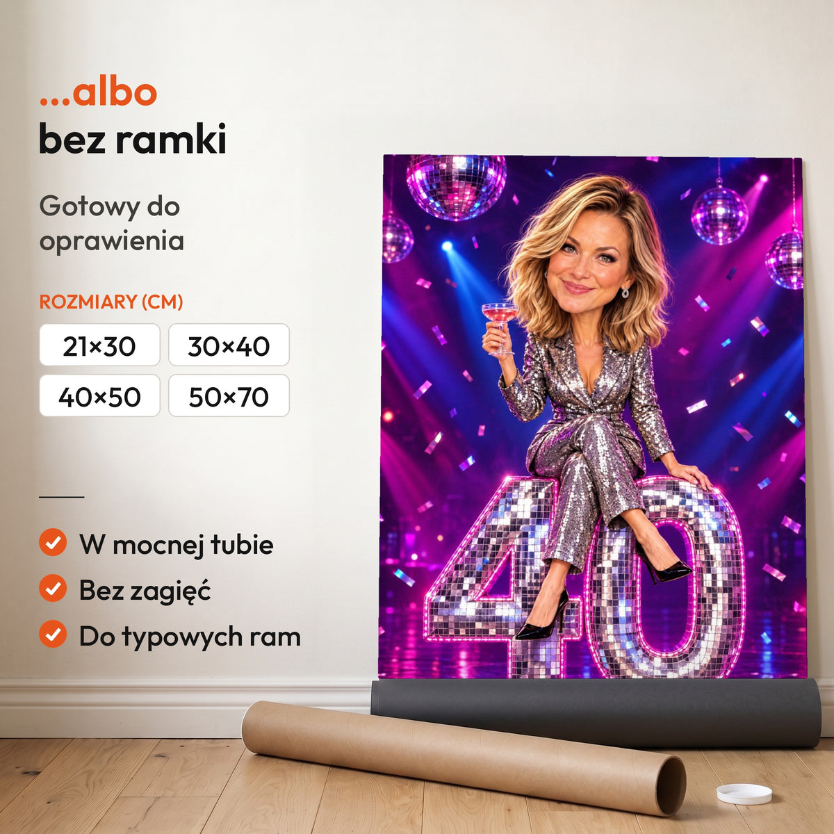 Disco — plakat bez ramki, gotowy do oprawienia: rozwinięty z rolki, obok tuba do wysyłki. C-PL-KAR-02-2130-NF