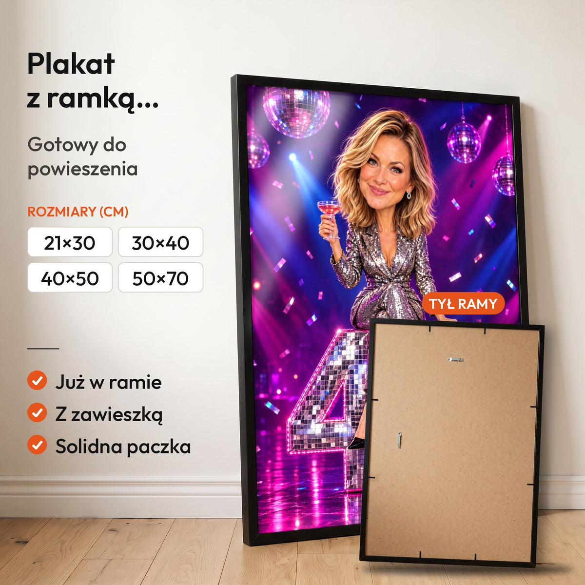 Disco — plakat z ramką, gotowy do powieszenia: czarna rama od przodu i tył ramy z zawieszką. C-PL-KAR-02-2130-NF