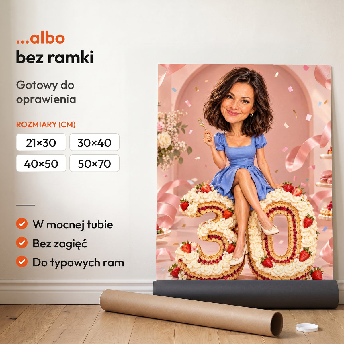 Słodkie Urodziny — plakat bez ramki, gotowy do oprawienia: rozwinięty z rolki, obok tuba do wysyłki. C-PL-KAR-05-2130-NF