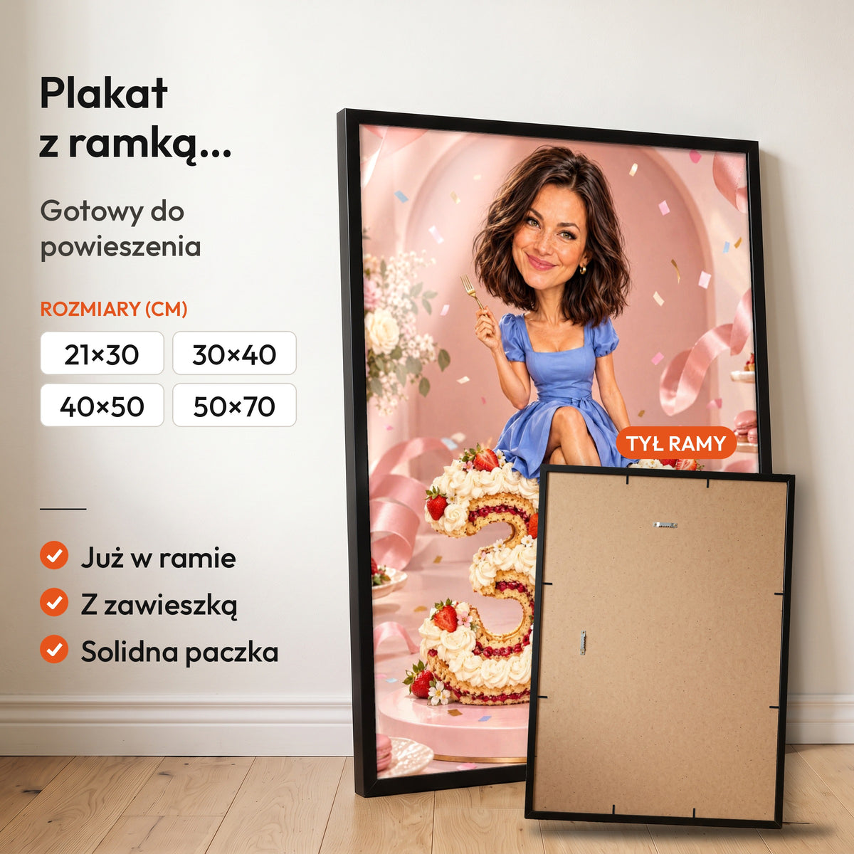 Słodkie Urodziny — plakat z ramką, gotowy do powieszenia: czarna rama od przodu i tył ramy z zawieszką. C-PL-KAR-05-2130-NF