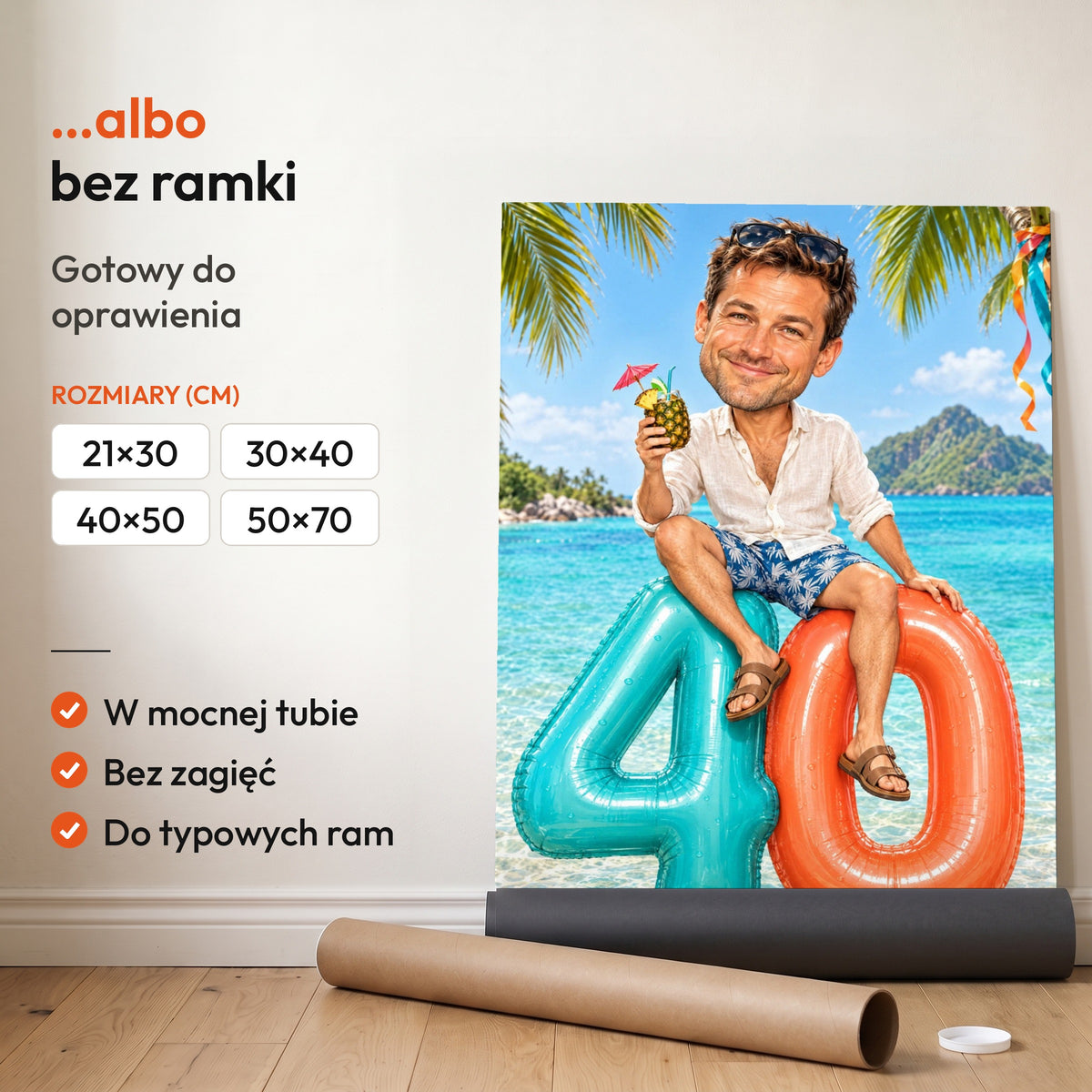 Wakacyjny Luz — plakat bez ramki, gotowy do oprawienia: rozwinięty z rolki, obok tuba do wysyłki. C-PL-KAR-04-2130-NF
