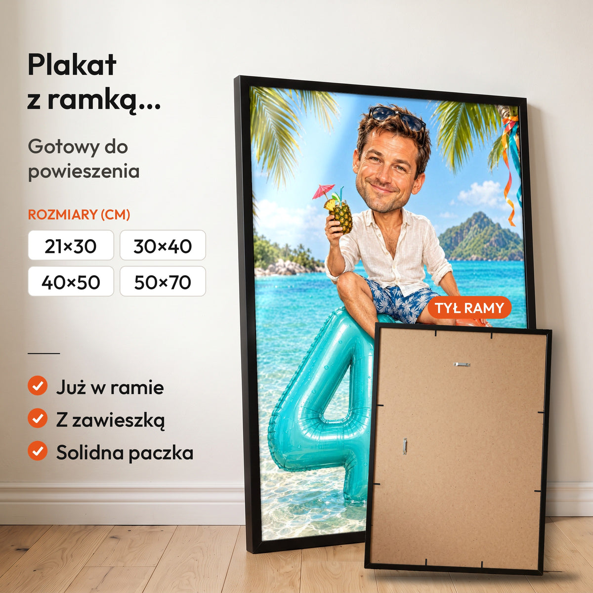 Wakacyjny Luz — plakat z ramką, gotowy do powieszenia: czarna rama od przodu i tył ramy z zawieszką. C-PL-KAR-04-2130-NF