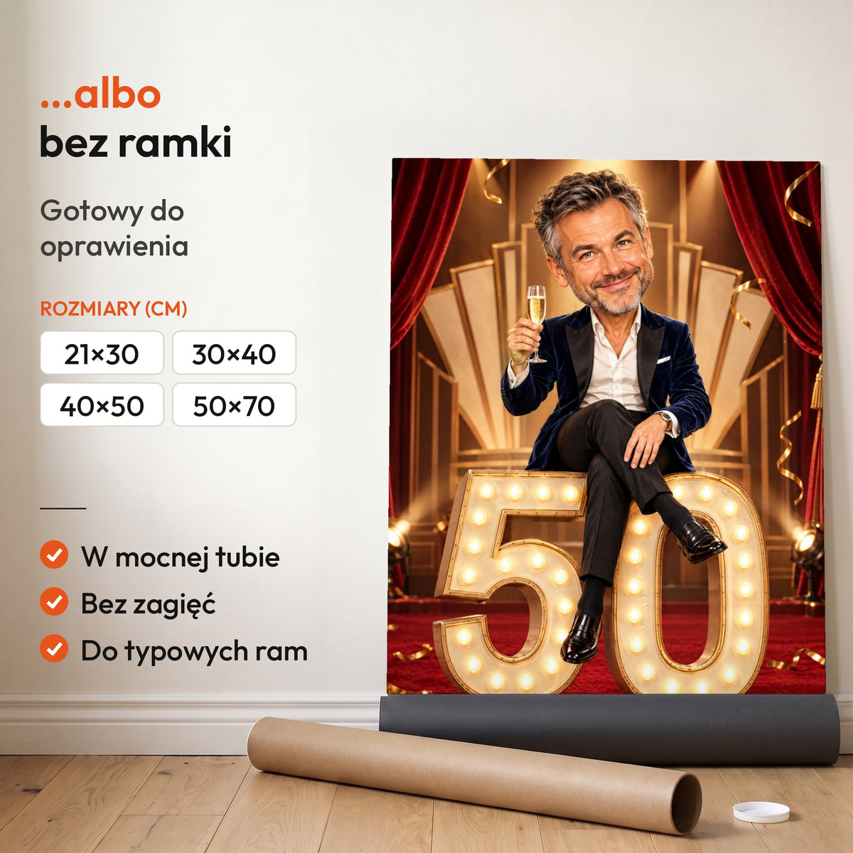 Wielka Premiera — plakat bez ramki, gotowy do oprawienia: rozwinięty z rolki, obok tuba do wysyłki. C-PL-KAR-03-2130-NF