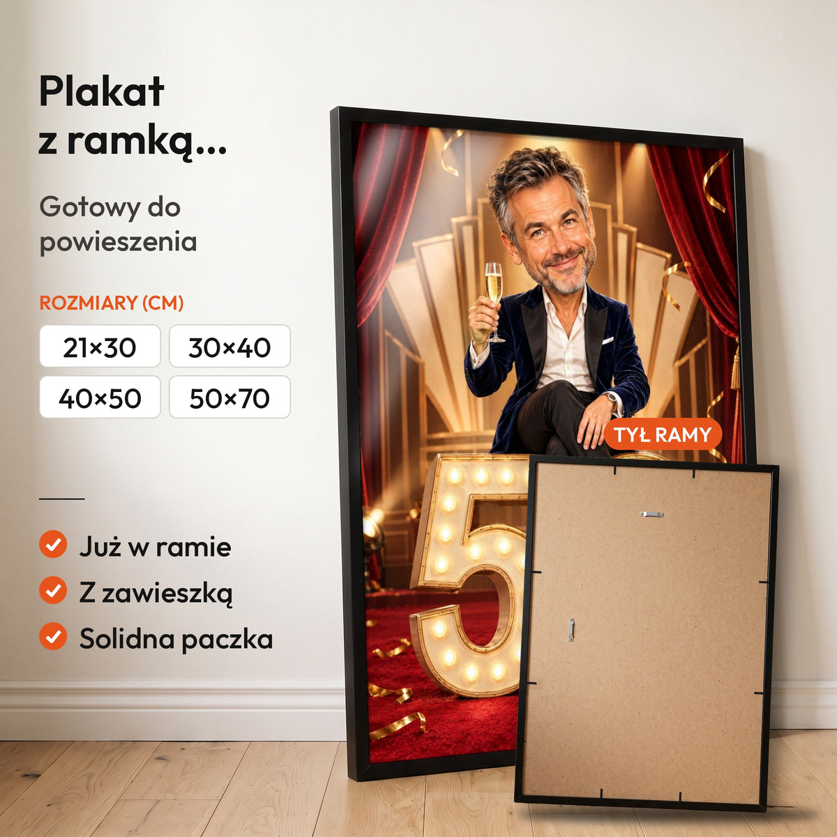 Wielka Premiera — plakat z ramką, gotowy do powieszenia: czarna rama od przodu i tył ramy z zawieszką. C-PL-KAR-03-2130-NF