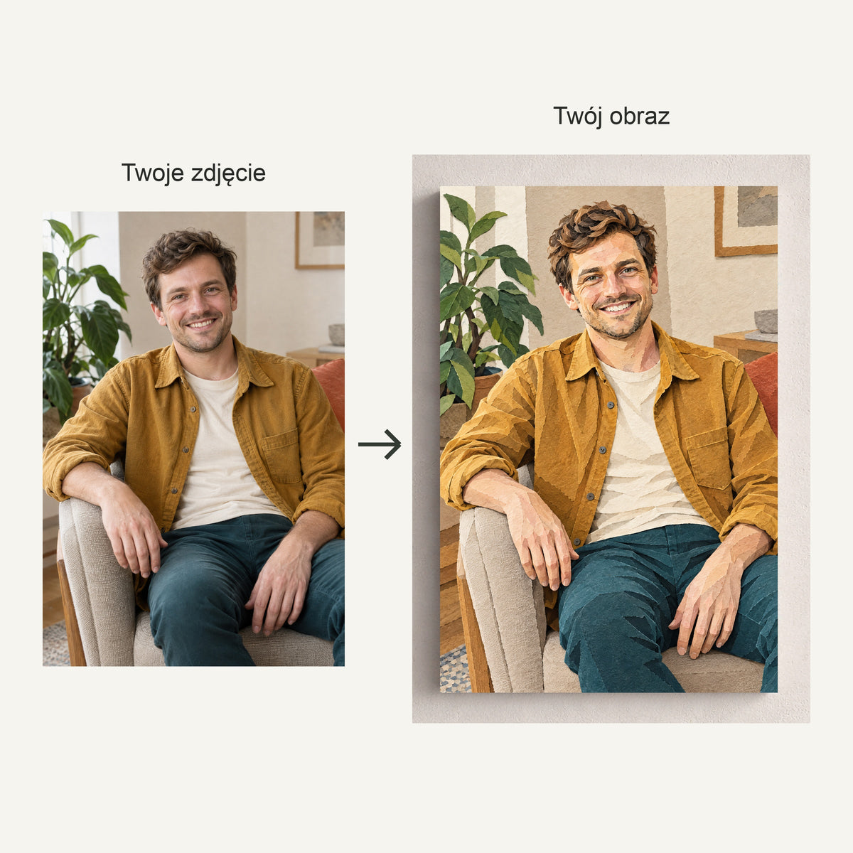 Papierowy portret — fotografia źródłowa i gotowy portret na płótnie, ta sama osoba przed i po stylizacji C-CV-AI-10-2030