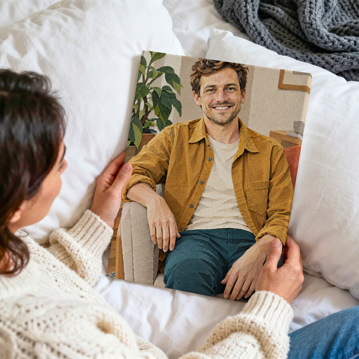 Papierowy portret — obraz na płótnie ze zdjęcia oglądany z bliska, trzymany w dłoniach na tle jasnej pościeli C-CV-AI-10-2030