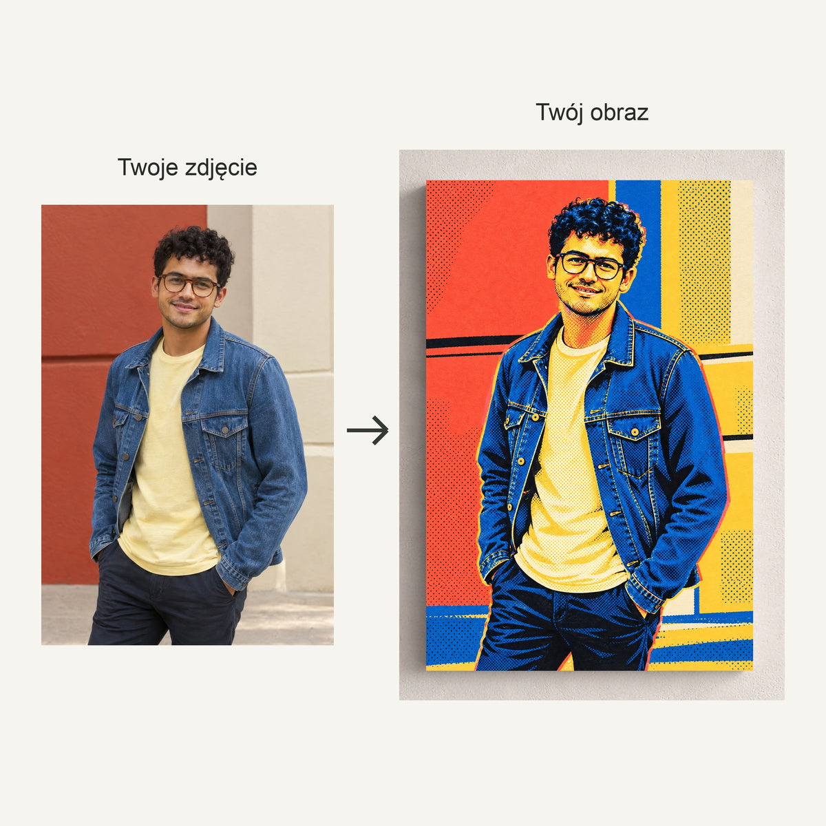Pop-art — fotografia źródłowa i gotowy portret na płótnie, ta sama osoba przed i po stylizacji C-CV-AI-6-2030