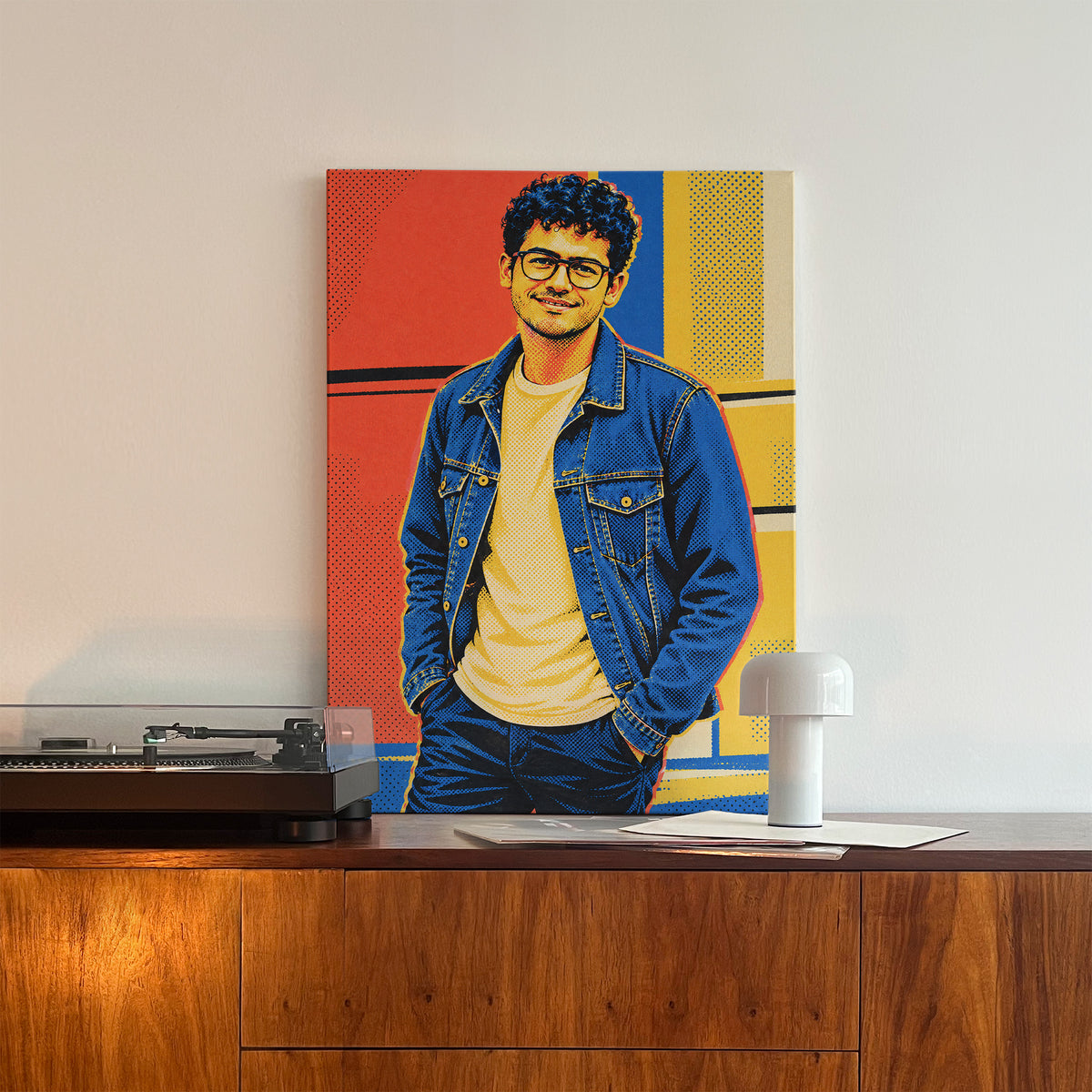Pop-art — obraz na płótnie ze zdjęcia oparty o jasną ścianę, na drewnianej komodzie obok gramofonu C-CV-AI-6-2030