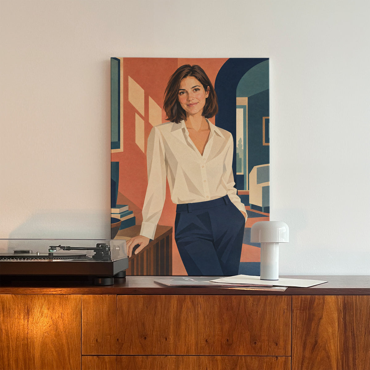 Portret Art Deco — obraz na płótnie ze zdjęcia oparty o jasną ścianę, na drewnianej komodzie obok gramofonu C-CV-AI-8-2030