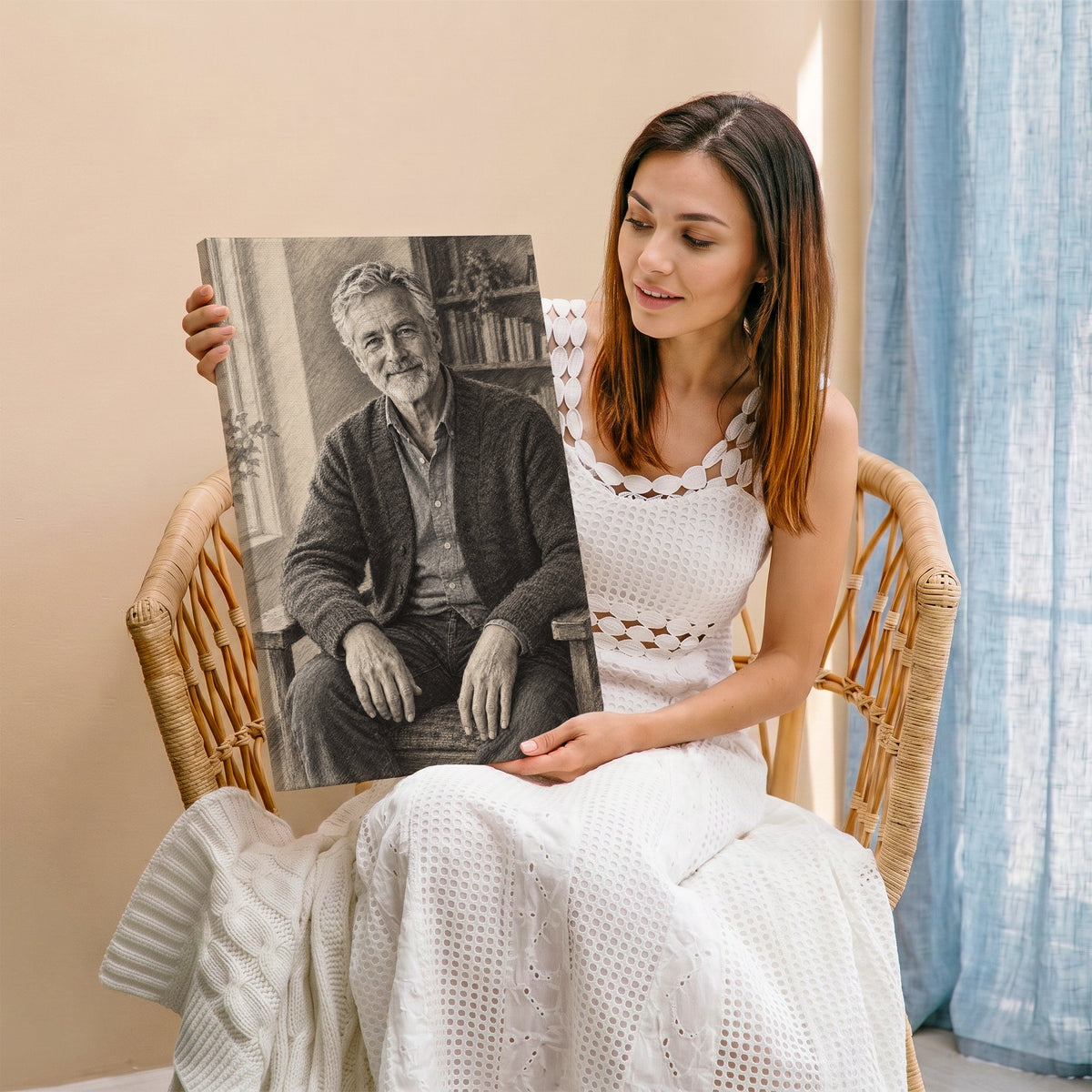 Portret węglem — portret ze zdjęcia na płótnie trzymany przez kobietę siedzącą w wiklinowym fotelu C-CV-AI-5-2030