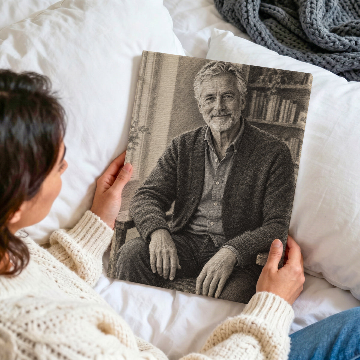 Portret węglem — obraz na płótnie ze zdjęcia oglądany z bliska, trzymany w dłoniach na tle jasnej pościeli C-CV-AI-5-2030