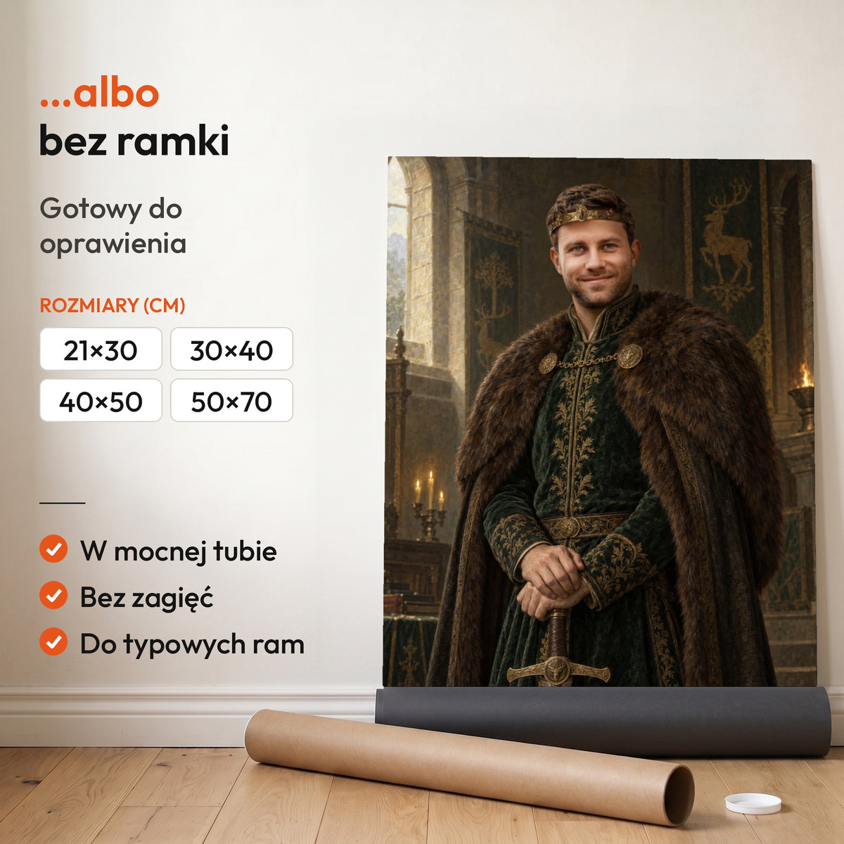 Król Północy — plakat bez ramki, gotowy do oprawienia: rozwinięty z rolki, obok tuba do wysyłki. C-PL-ROY-01-2130-NF
