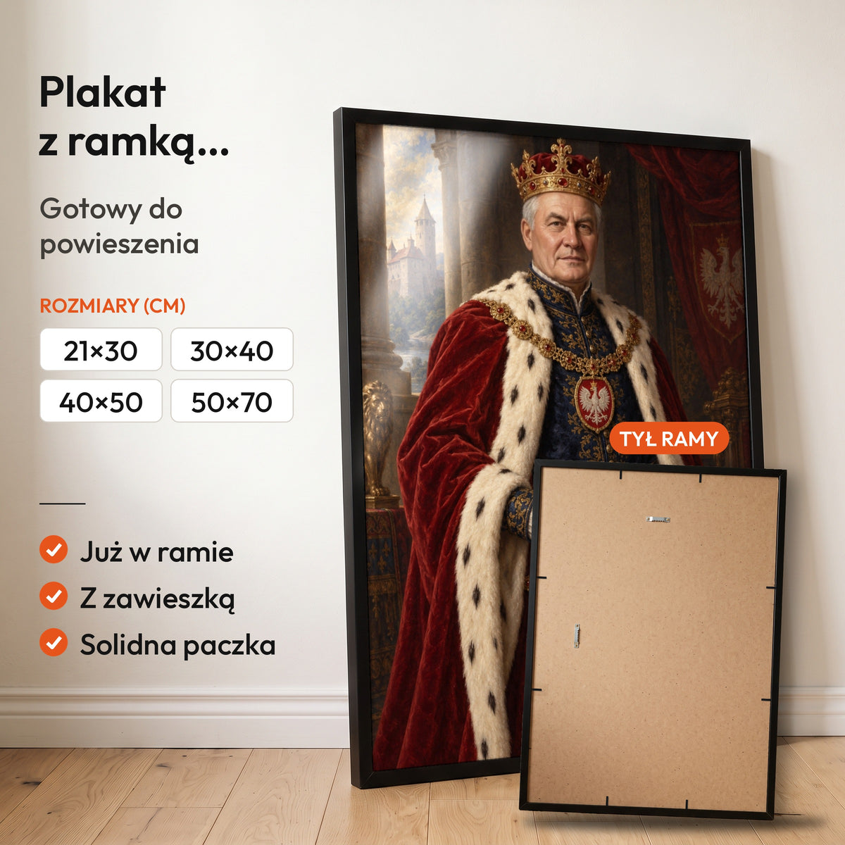 Król Polski — plakat z ramką, gotowy do powieszenia: czarna rama od przodu i tył ramy z zawieszką. C-PL-ROY-03-2130-NF