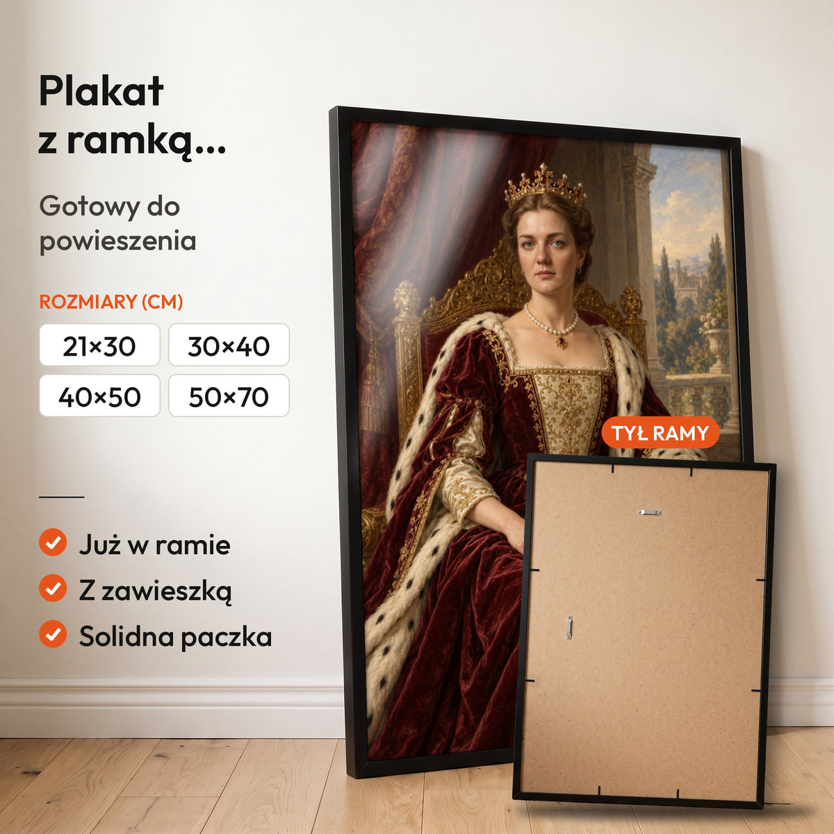 Królowa — plakat z ramką, gotowy do powieszenia: czarna rama od przodu i tył ramy z zawieszką. C-PL-ROY-04-2130-NF