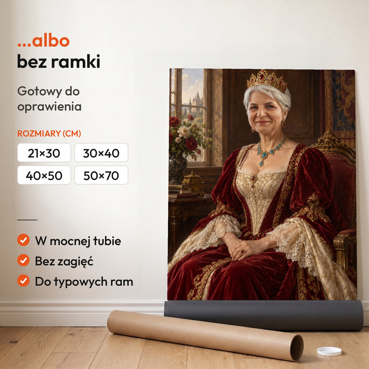 Cesarzowa — plakat bez ramki, gotowy do oprawienia: rozwinięty z rolki, obok tuba do wysyłki. C-PL-ROY-08-2130-NF