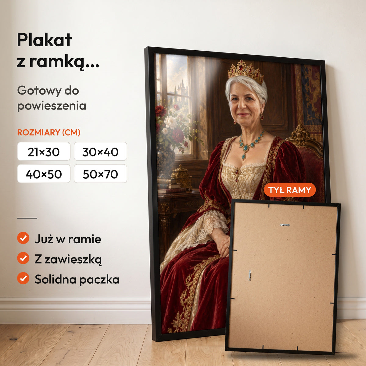 Cesarzowa — plakat z ramką, gotowy do powieszenia: czarna rama od przodu i tył ramy z zawieszką. C-PL-ROY-08-2130-NF
